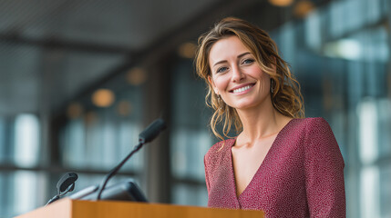 Smiling woman in red dress standing behind a wooden podium with microphones in a bright room