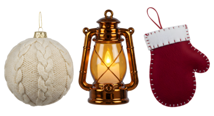 Cozy Christmas ornaments featuring a knitted white bauble, vintage lantern with warm glow, and red mitten stocking, perfect for holiday decoration and festive ambiance