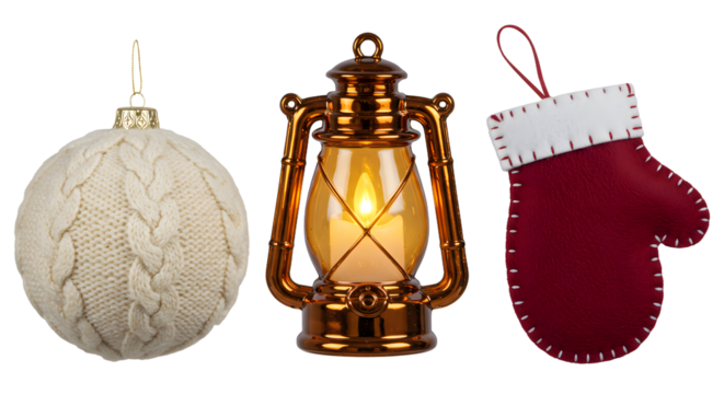 Cozy Christmas ornaments featuring a knitted white bauble, vintage lantern with warm glow, and red mitten stocking, perfect for holiday decoration and festive ambiance