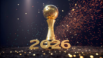 Golden football trophy silhouette with 2026 numbers and sparkling confetti full hd 4k stock image download 1
