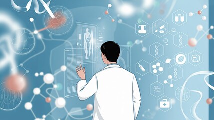 Scientist in lab coat analyzes futuristic medical data on transparent display for innovative research