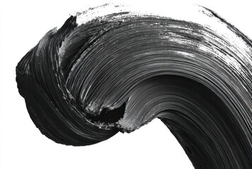 Close-up of thick, glossy black streaks forming a wave or curve against a white background, resembling paint strokes or a sculpted form
