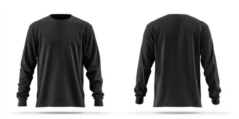 A black long-sleeve shirt is presented from the front and back perspectives, displayed over a white backdrop with a soft shadow underneath