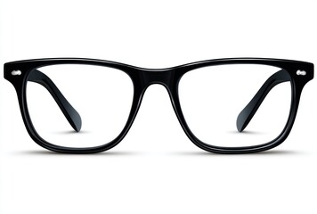 Close-up of black-framed glasses against a white background, featuring a classic, rectangular design and subtle shadow detail