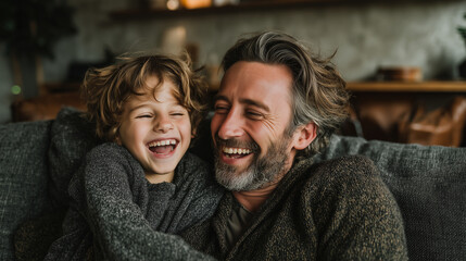 A father and son laughing together while embracing on a couch in a cozy indoor setting at home