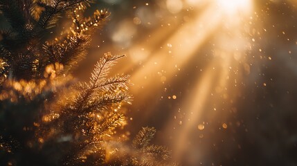 Backlit conifer tree branches with golden rim lighting and radiant sunbeams creating god rays and glittering dust particles in the air against a dark background, warm and mystical winter scene