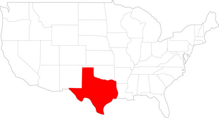Obraz premium Outlined map of the United States with Texas highlighted in striking red color scheme
