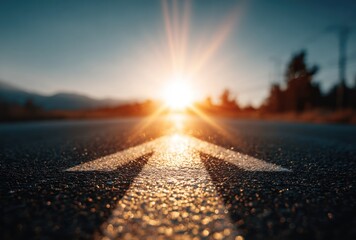Asphalt road leads into the distance with a bright sunburst above, guiding the eye with a white arrow pointing upward and forward