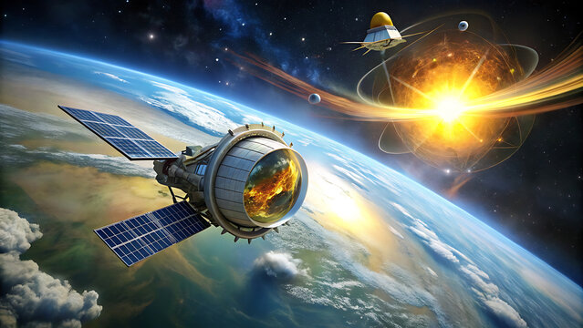 Illustration of futuristic eco satellite collecting solar power for renewable futuristic energy  