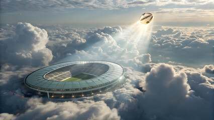 Floating stadium in clouds with a glowing football soaring above full hd 4k stock image download surreal