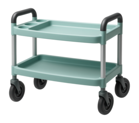 Double-tiered plastic cart with cup holders and a snack tray for a daycare center.