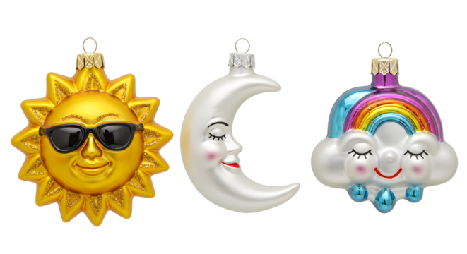 Sun, moon, and rainbow cloud Christmas ornaments in bright colors with smiling faces and sunglasses, perfect for festive holiday decorations