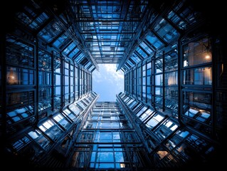 Skyscraper view upward showcases a geometric pattern of blue-tinted glass against a blue sky, conveying modern architecture and urban density