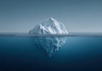 A stark iceberg rises above the water's surface, its submerged form mirroring its size in the deep blue sea under a pale sky