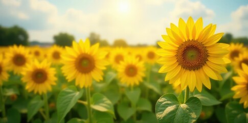 Vibrant sunflowers in a summer field, bright yellow petals , flora, nature, bright
