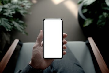 Person holds a blank-screen smartphone in hand, seated. Relaxing indoor setting features potted plants, soft light, casual attire