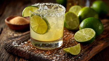 Refreshing classic margarita cocktail with fresh limes and sea salt rim