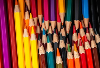 Assortment of colored pencils, sharpened points, various hues,  office supplies,  stationery