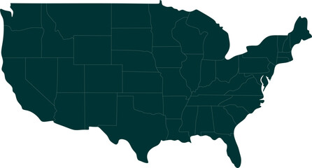 Detailed topographic map showing the United States of America boundaries represented in deep teal