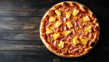 Top-View Homemade Hawaiian Pizza With Ham And Pineapple On Dark Wooden Surface, Featuring Copy Space For Text. Delicious And Tempting!