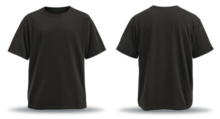 Two black, short-sleeved, crew-neck T-shirts, one facing front, one facing back, are displayed on a white background with drop shadows