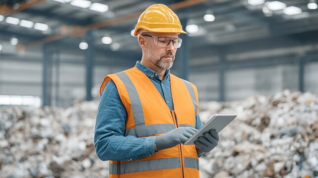 Industrial Worker Using Tablet in Recycling Facility Surrounded by Piles of Waste Material for Sustainable Management and Environmental Practices - Powered by Adobe