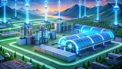 Illustration of futuristic hydrogen energy plant glowing with renewable futuristic eco power  