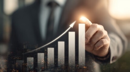 A businessman in a suit interacts with a rising bar graph, signifying growth and success, overlaid on a cityscape background