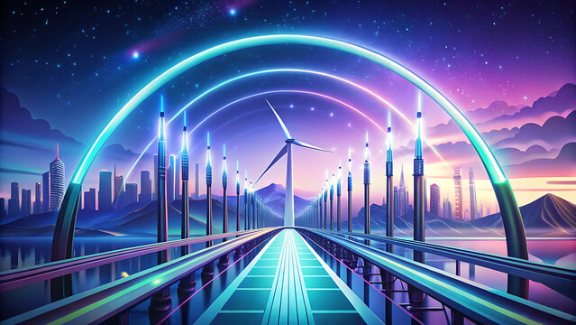 Illustration of futuristic neon bridge powered by renewable futuristic glowing clean energy - Powered by Adobe
