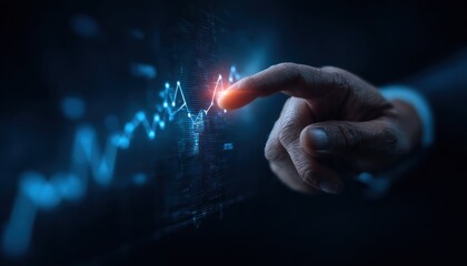 A hand interacting with a glowing, stylized graph over a dark, futuristic background. Digital connections shine against the deep blue