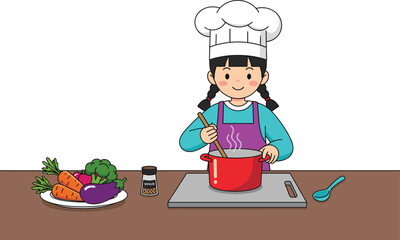 Cartoon chef cooking vegetables, person wearing hat and apron, stirring pot with steam, healthy food preparation, kitchen scene, cad drawing flat vector illustration