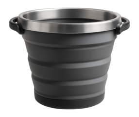 Collapsible silicone bucket for easy storage and transport of water on a construction site.