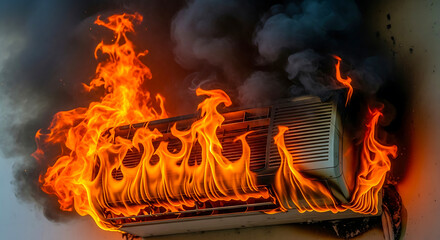Obraz premium Air conditioner unit engulfed in intense flames and dark smoke from an electrical malfunction