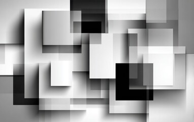 Interlocking squares of varying sizes and shades create depth through shadows, forming an abstract, modern grayscale composition