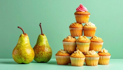 Fresh pear fruit with smoothFresh cupcake tower with colorful icing decorations and festive sweet dessert bakery appearance on plain colorful background green skin juicy body and healthy organic food 
