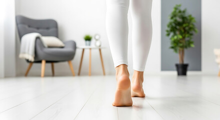 Bare feet of a person in white leggings walking on a light wooden floor