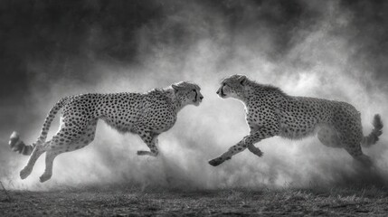 Two cheetahs captured in black and white, mid-run amidst a cloud of dust, showcasing their speed and power in a dramatic scene