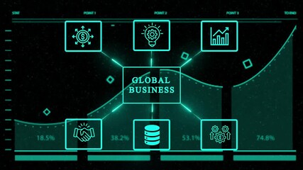 Global business network concept with icons representing financial growth, partnership, data management, teamwork, and strategic planning for success - Powered by Adobe