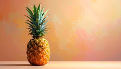 Fresh pineapple with spiky green leaves rough golden skin and tropical sweet fruit appearance on plain colorful background
