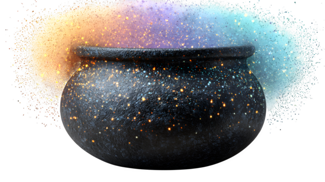 Bubbling cauldron with colorful magic potion and sparkles, isolated on white background