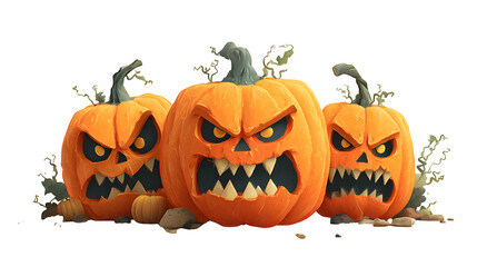 Cartoon-style Halloween pumpkins with spooky carved faces, isolated on white background