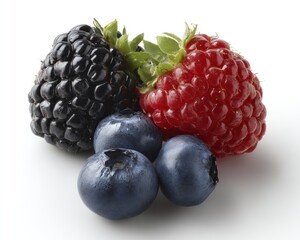A close-up showcases a vibrant arrangement of fresh berries a plump blackberry, a juicy raspberry, and a cluster of blueberries, all on white