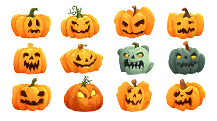 Cartoon-style Halloween pumpkins with spooky carved faces, isolated on white background