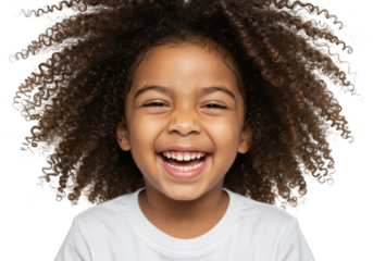 Joyful young girl with curly hair laughing isolated on transparent background