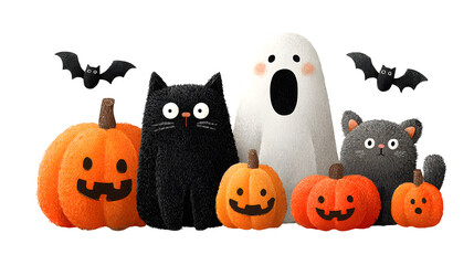 Cartoon-style illustration of carved pumpkins, black cat, ghost, and bats, isolated on white background