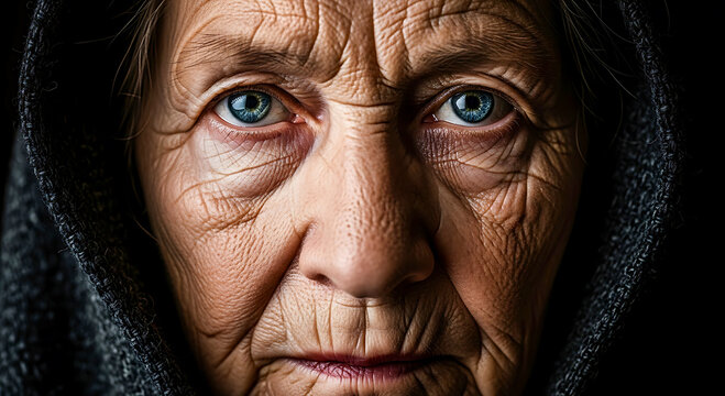 Close up portrait of an elderly woman with deep wrinkles and blue eyes wearing a dark hood