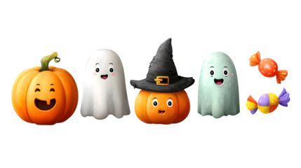 Cartoon Halloween elements including smiling pumpkin, ghost, witch hat, and candies, isolated on white background