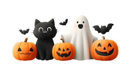 Cartoon-style illustration of carved pumpkins, black cat, ghost, and bats, isolated on white background