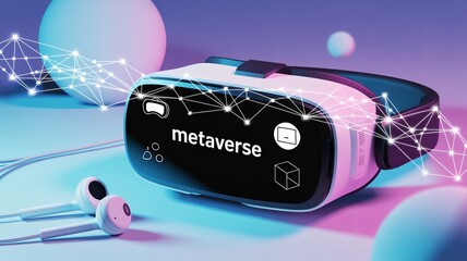 Experience the metaverse with virtual reality headset and earbuds for immersive digital world exploration