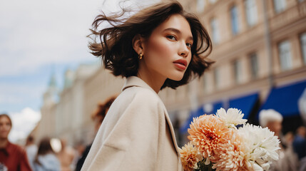 retro cinematic aesthetic stylish woman walking with flowers in a busy city street, elegant fashion portrait in motion, perfect for editorials, lifestyle blogs, urban romance stories, 70s 80s film loo